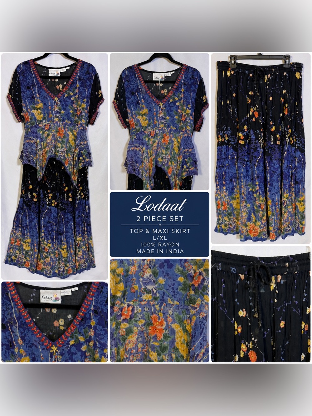 Lodaat 2-Piece Floral Rayon Top & Maxi Skirt Set — L/XL